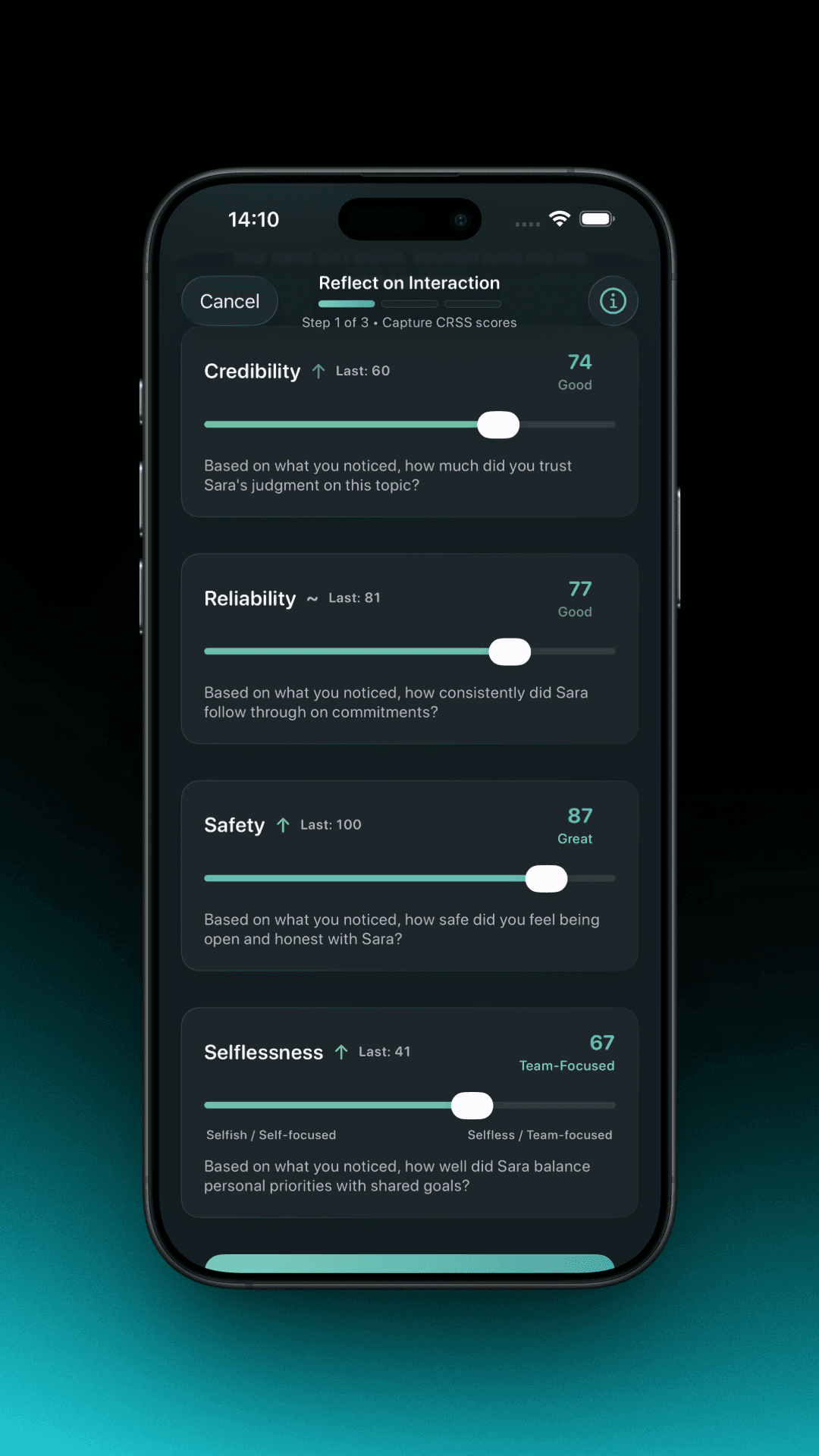 Vizuna reflection sliders showing CRSS dimensions