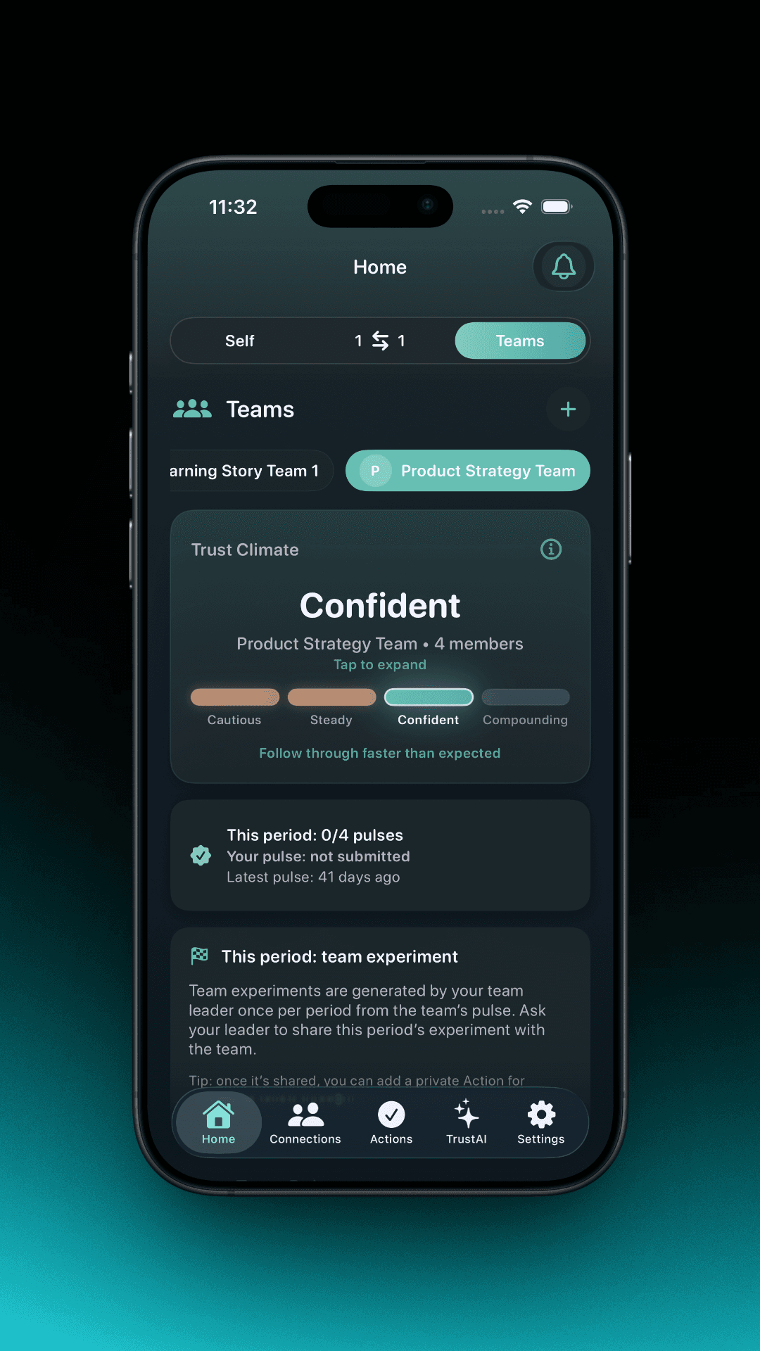 Vizuna team dashboard showing trust climate and team pulse context